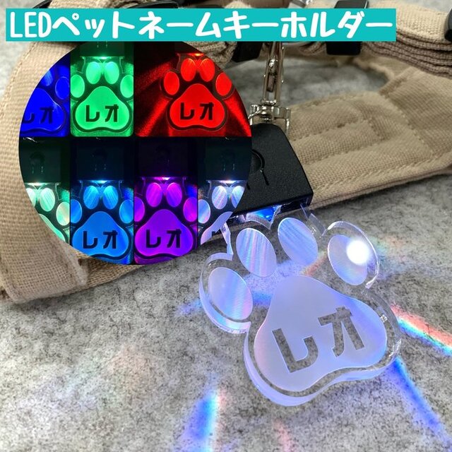 【送料無料】充電式LEDチャーム ペットキーホルダー 名入れ 愛犬用 名前彫刻 アクリル 迷子札 お散歩 ペットタグ 肉球