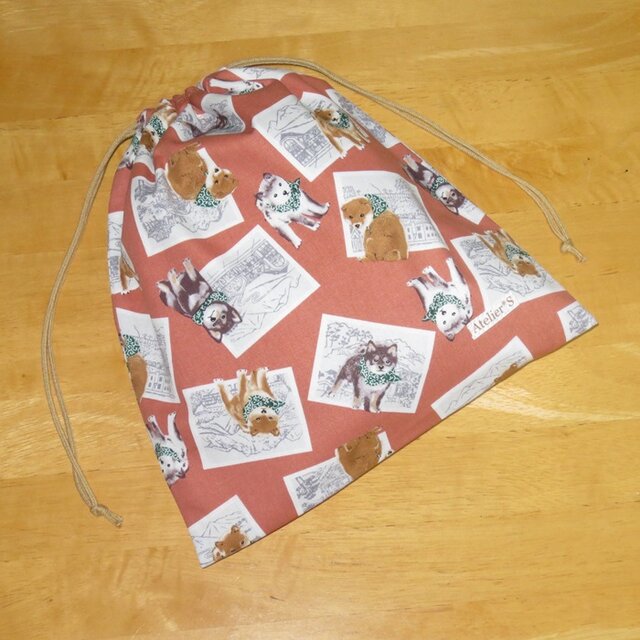 巾着★写真と豆柴柄（レンガ）