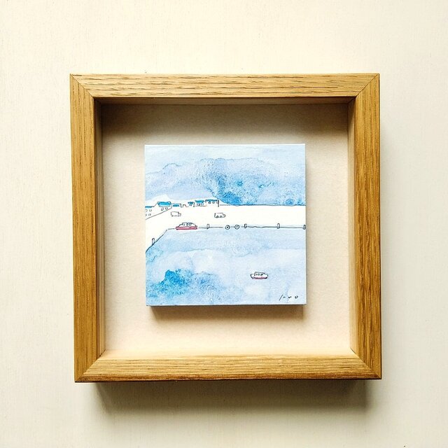 九里浜港を望む 水彩画 額縁付き