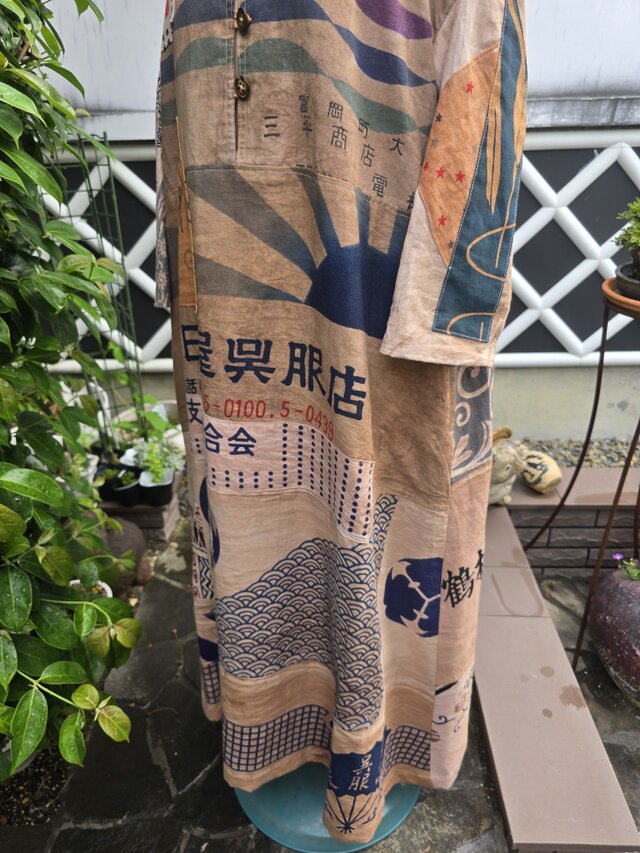 着物リメイク 手作り 柿渋染め 手ぬぐい パッチワーク ワンピース 前