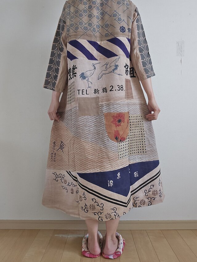 着物リメイク 手作り 柿渋染め 手ぬぐい パッチワーク ワンピース