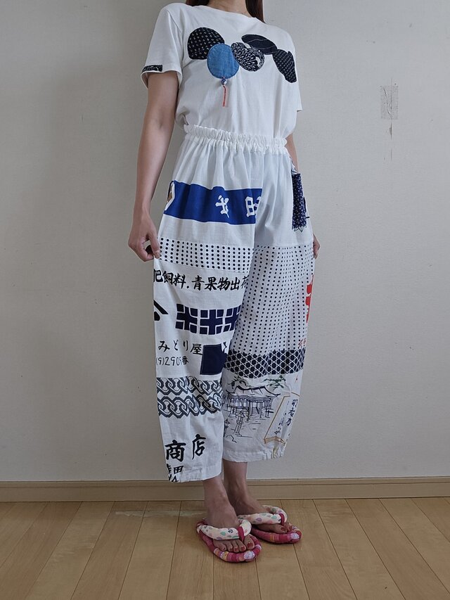着物リメイク 白 てぬぐい パッチワーク パンツ | iichi 日々の暮らし