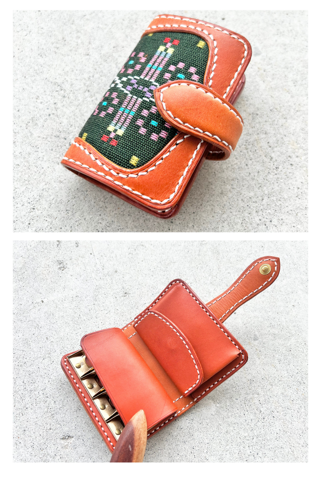 レザー　コインキャッチャー　沖縄　読谷花織　緑