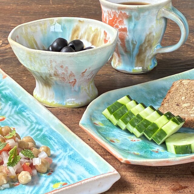 イスタンブール　ターコイズブルーの朝食プレート２種＋ゴブレットボウル＋マグカップセット
