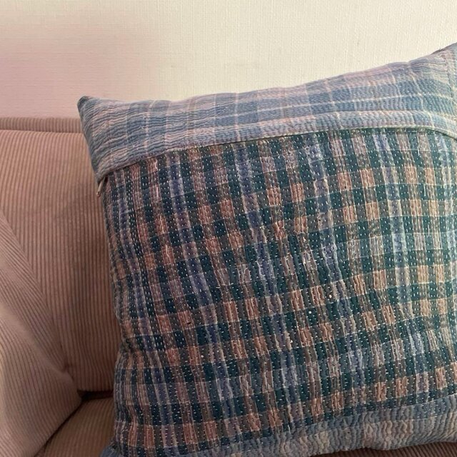 40×40 インド ヴィンテージ カンタキルト クッションカバー ブルー