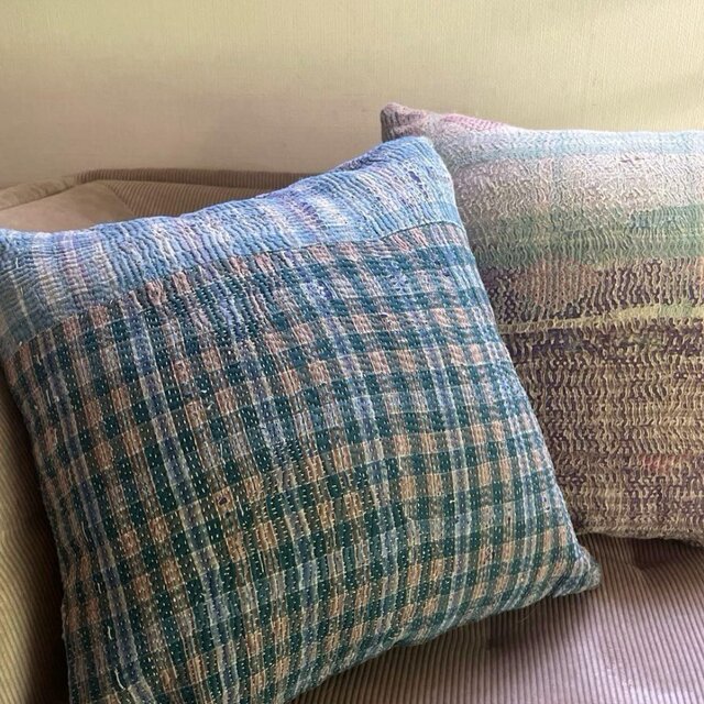 40×40 インド ヴィンテージ カンタキルト クッションカバー ブルー