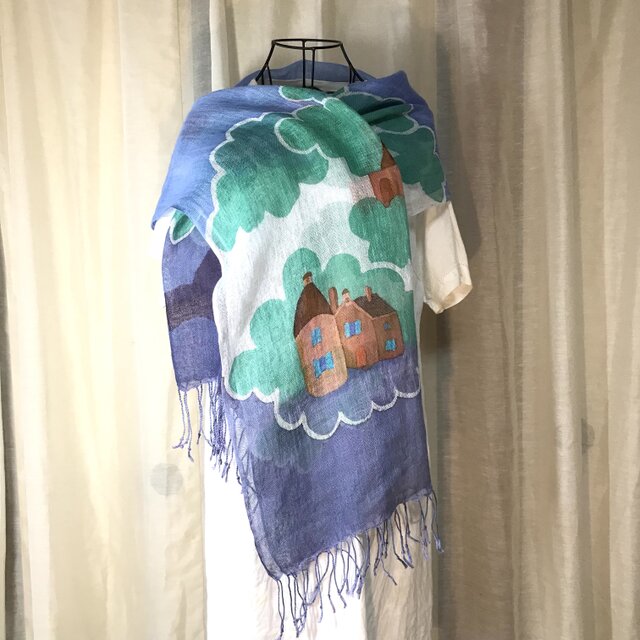 ロウケツ染麻ストール　ラ.メゾン　パープル