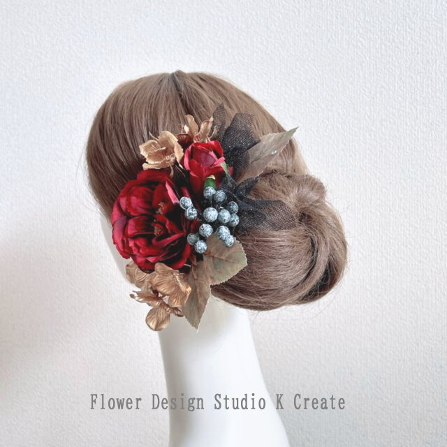 赤い薔薇とゴールドの紫陽花のヘッドドレス ウェディング
