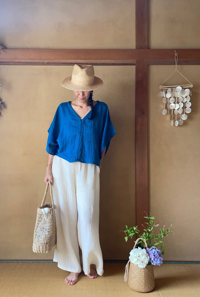 Double Gauze Kimono blouse in Indigo/ ダブルガーゼ藍染めトップス
