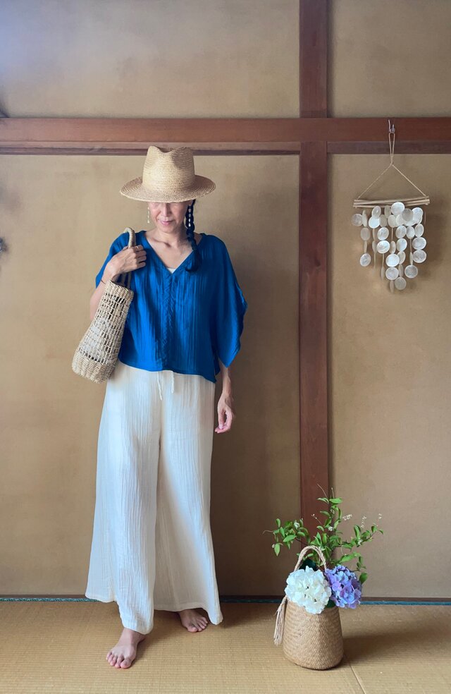 Double Gauze Kimono blouse in Indigo/ ダブルガーゼ藍染めトップス