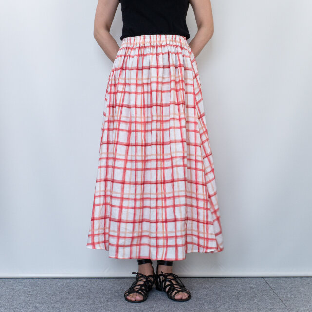 フレンチカジュアルなリネンロングスカート【赤/白チェック】 | iichi