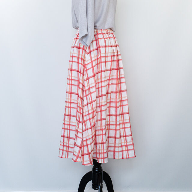フレンチカジュアルなリネンロングスカート【赤/白チェック】 | iichi