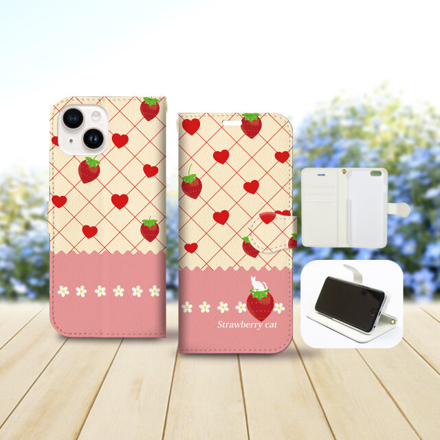iPhone専用 手帳型スマホケース 【内側色：ホワイト仕様】カメラ穴有【ストロベリーキャットⅡ】