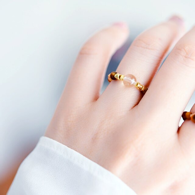 繁栄と富を象徴する タイガーアイとシトリンの指輪 ピンキーリング 1本