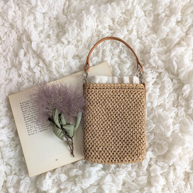 ラフィア風ミニバッグ オートミールｘキャメル(TCフルステッチ)
