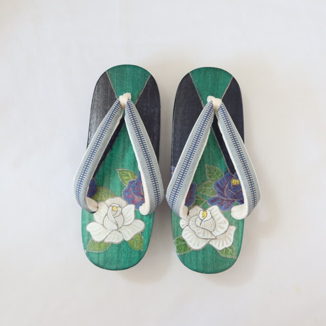 右近L 青系 薔薇の下駄