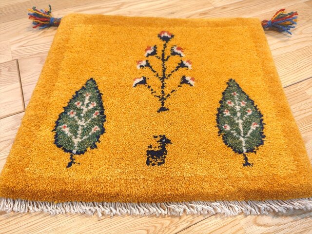 ペルシャ ギャッベ ミニマット ラグ 43x38cm 黄金色 オレンジ 糸杉