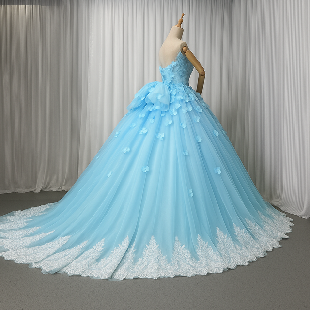 カラードレス ブルー ベアトップ 立体花レース刺繍 リボン 裾に繊細