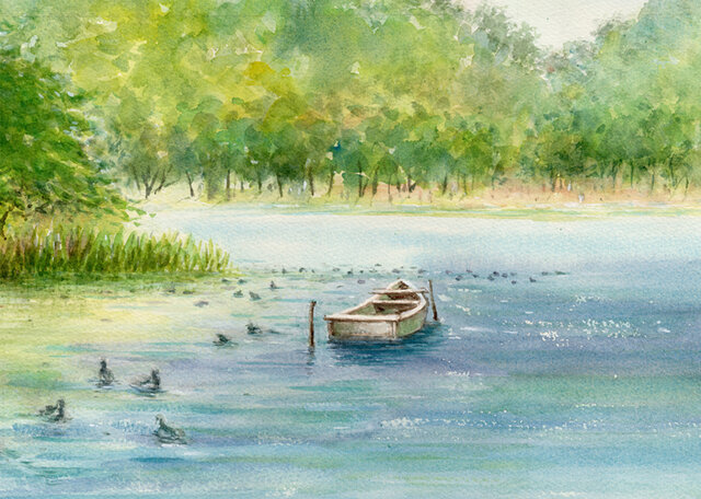 水彩画 (池のある公園、額縁付き) (池のある公園、額縁付き) 水彩画