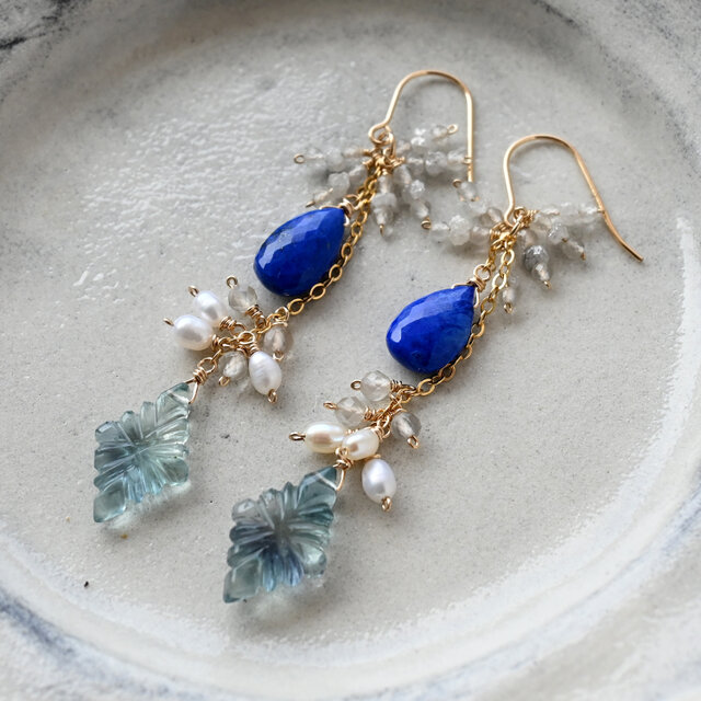 原石ダイヤ・ラピスラズリ・フローライトのピアス・イヤリング変更可