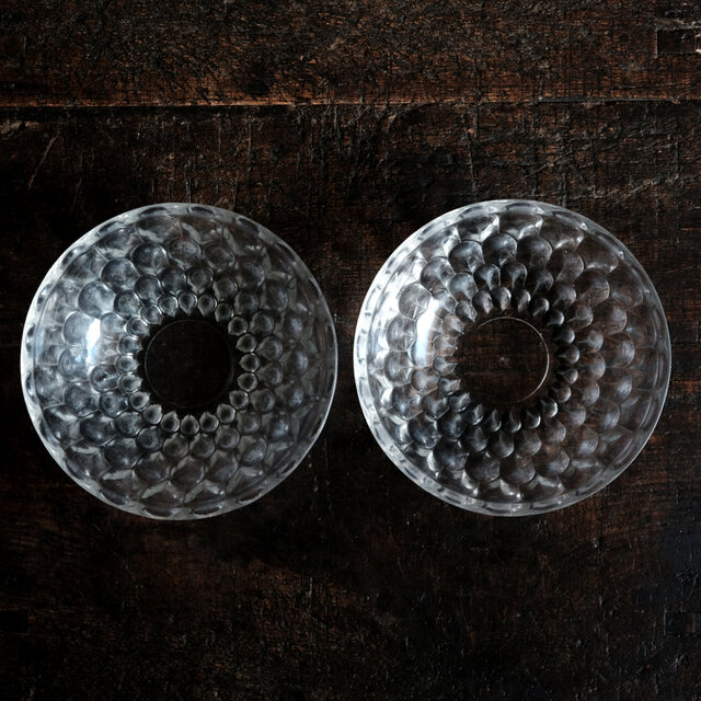 膾皿の形状◆HOYA 保谷ガラス深皿2客セット　丁寧な暮らしに　プレスガラス　昭和中〜後期【傷・くもり多め】