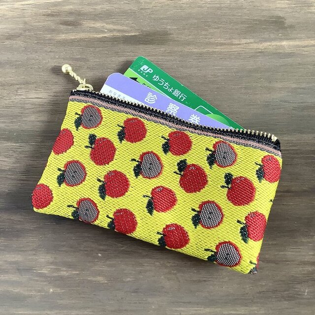 【りんご】畳縁　ぺたんこ　ミニポーチ　小銭入れ　カードケース　黄色　レトロポップ