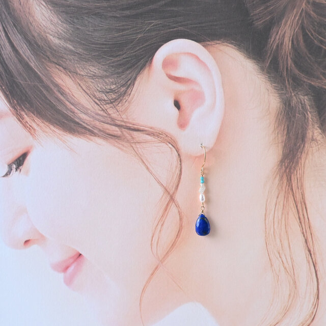 ラピスラズリと原石ダイヤとターコイズのピアス・イヤリング変更可