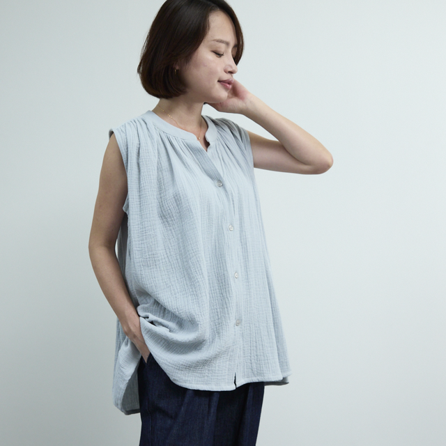 通気性良く肌触りが優しい 楊柳ダブルガーゼ ノースリブ シャツ　アイスグレー　0697I.Grey