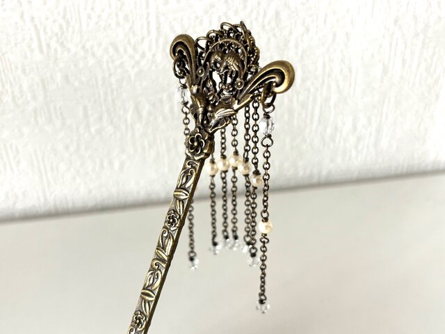 かんざし 真鍮古美の鳥模様のアジアンアンティーク風簪 一本簪 一本