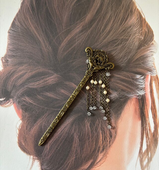 かんざし 鳥 細工 アンティーク かんざし 真鍮古美の鳥模様のアジアンアンティーク風簪 一本簪 一本