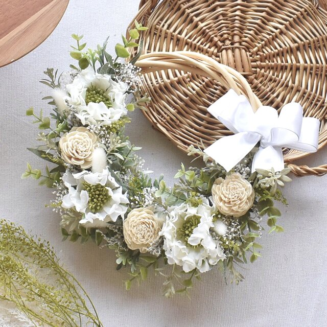 【結葉】ユーカリとスカビオサのリース／ナチュラルグリーン