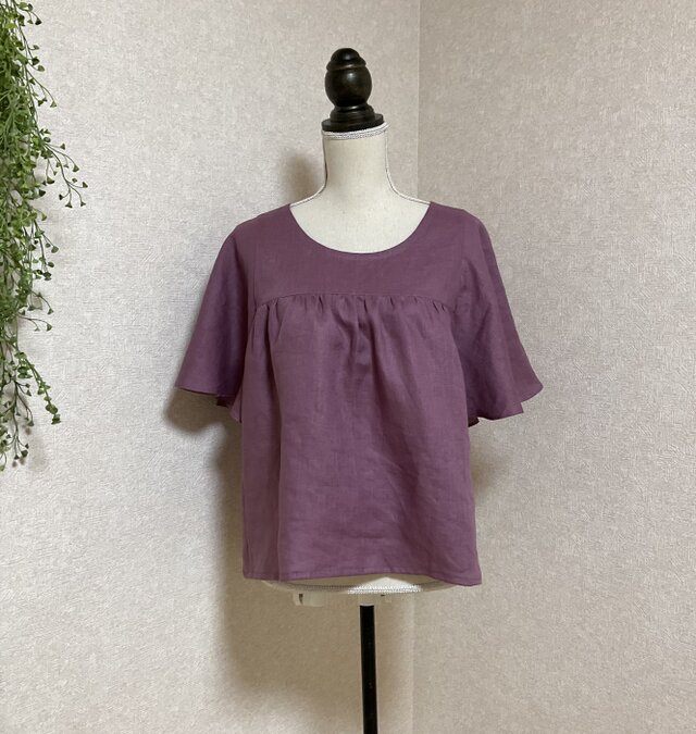 リネン100%ひらひら蝶々みたいなお袖のブラウス　カシス