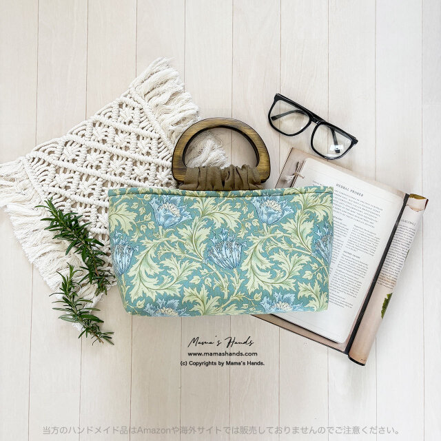 ウィリアムモリス アネモネ グリーン ブルー 緑 花柄 小柄 木の持ち手 トート 手提げ バック