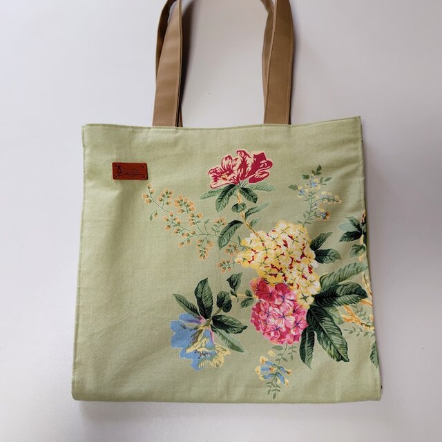 ★インド、本場ブロックプリント（手押し）のトートバッグ★紙袋の横型★若草色★裏地あり★