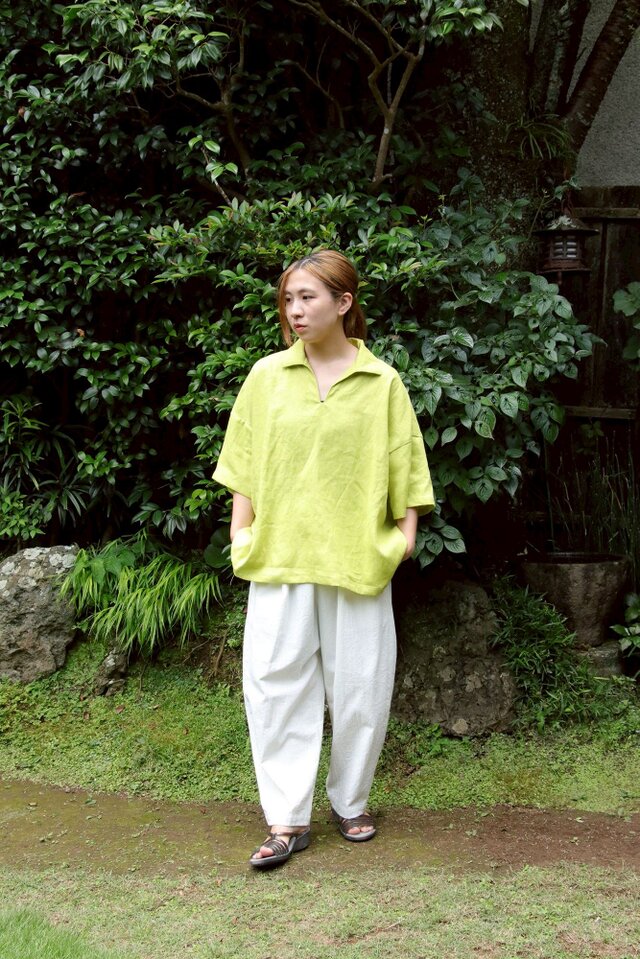 ライムカラー リネンのスキッパーシャツ
