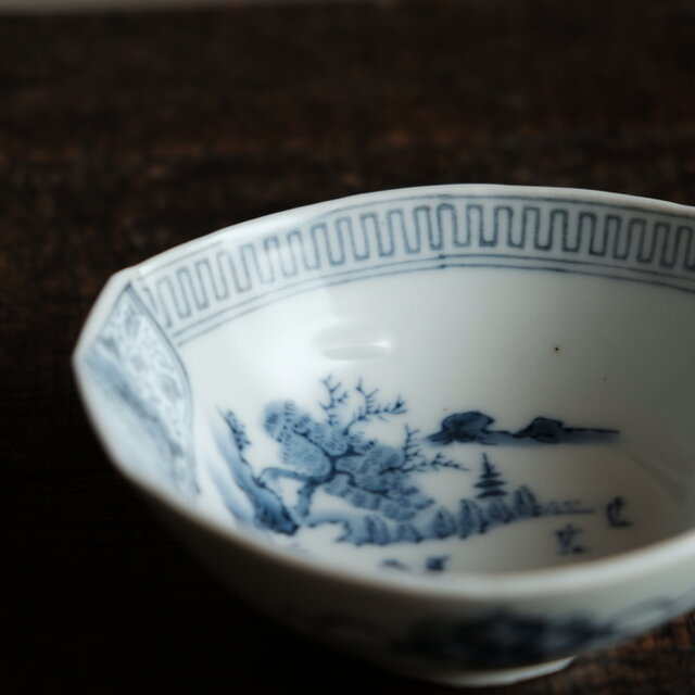 ◆希少美品 1880年頃（明治時代！古曽部焼き 素朴な染付 ぐいみ/お猪口 5客 時代物 屋島焼 ( YASHIMA Ware/ Kagawa, 明治初期(1860年代)頃) 高浮彫