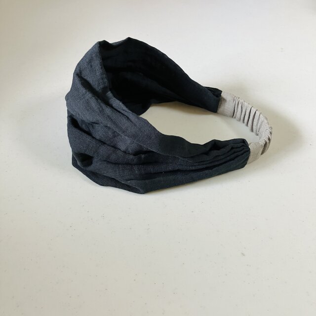 ふわふわスラブダブルガーゼのヘアバンド　ブラック×ストーングレー