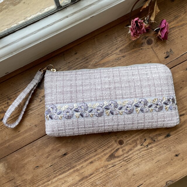 L字ファスナー長財布・インド刺繍リボン(パープル)