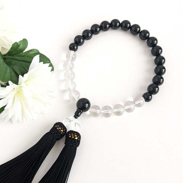 【男性用/主玉12mm】オニキス＆水晶・モノトーンの数珠・略式念珠/正絹漆黒房