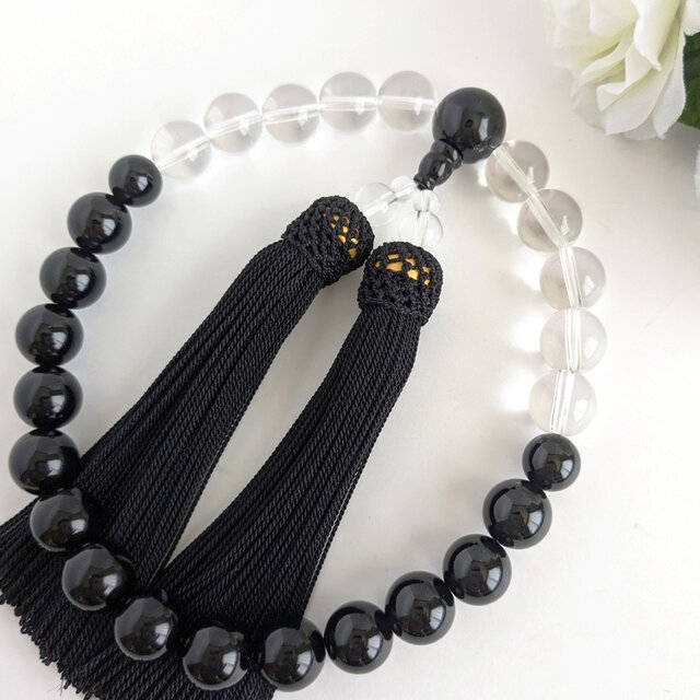 男性用/主玉12mm】オニキス＆水晶・モノトーンの数珠・略式念珠/正絹