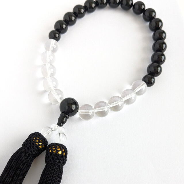男性用/主玉12mm】オニキス＆水晶・モノトーンの数珠・略式念珠/正絹