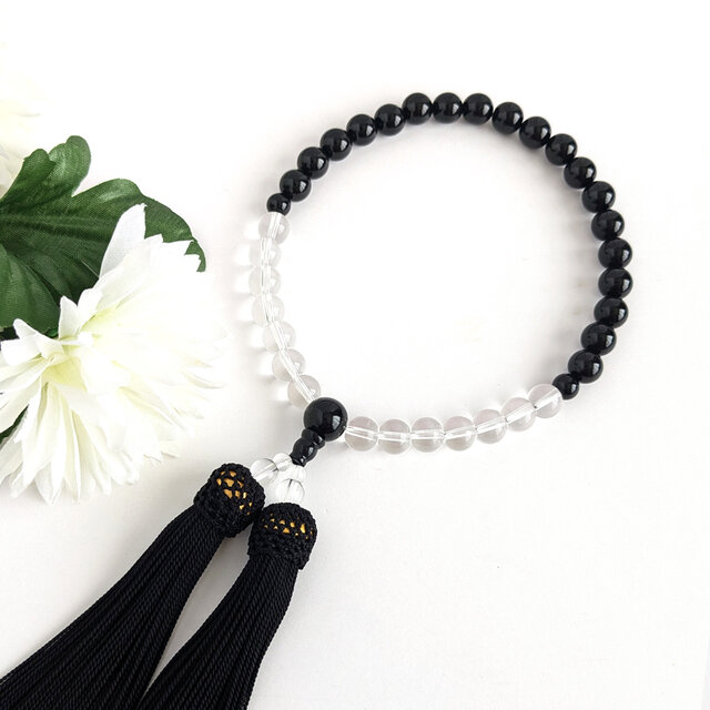 【女性用/主玉8mm】オニキス＆水晶・モノトーンの数珠・略式念珠/正絹漆黒房