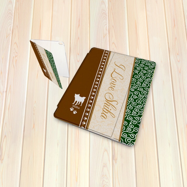 手帳型 iPadケース 【バックカバー：ハードタイプ】片面印刷/カメラ穴有【アイラブ・柴犬（Shiba）】