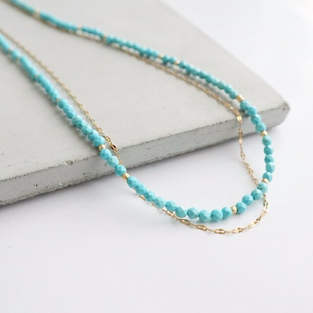 ＼からみにくいネックレス／ 天然石2連ネックレス＜ターコイズブルー＞簡単 マグネットクラスプ