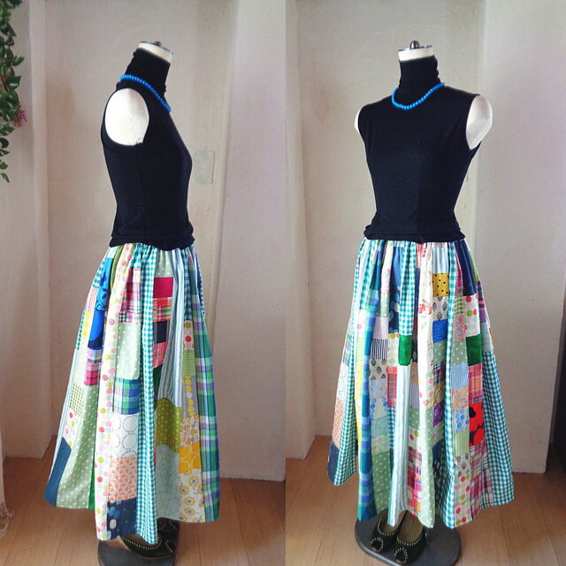 sold クリームソーダ♥絵画なパッチワークスカート♥ボリューム