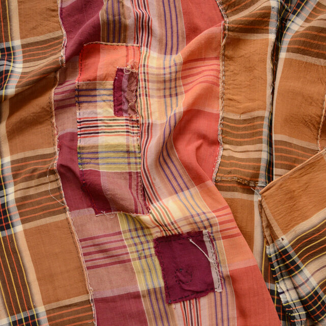 古布 木綿 襤褸 布団皮 昭和中期 格子とクレイジーパターンの大判リペア布 約289×154〜173cm ジャパンヴィンテージ