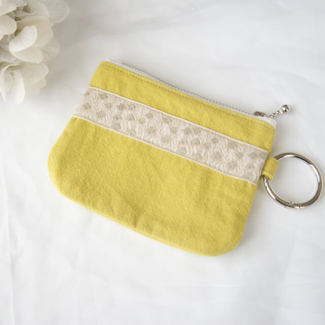 花柄チロリアンリボンのティッシュケース付きポーチ【ライムイエロー】/ティッシュケース / ティッシュポーチ