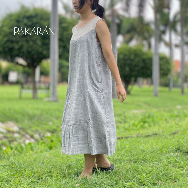 リネンワンピース 柔らか大人のライトグレー　ガーゼコットン裏地付き