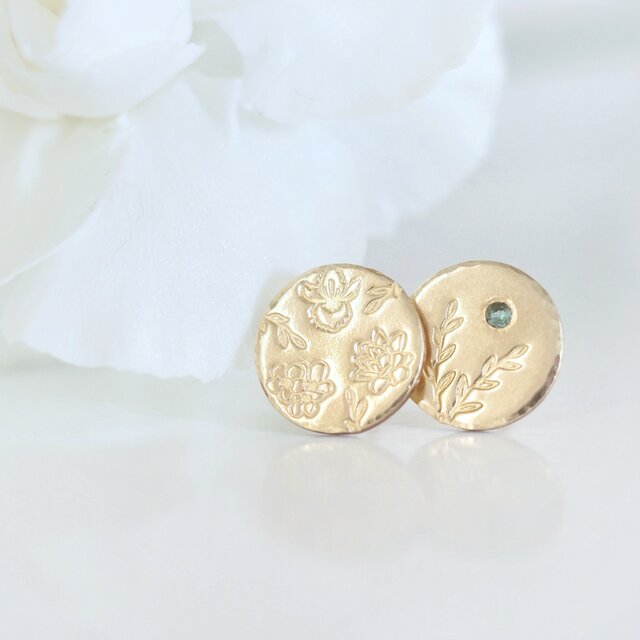 《誕生花(選べる3種)／誕生石 オリーブリーフ》 スタッドピアス コイン14kgf シンプル エメラルド ひまわり追加