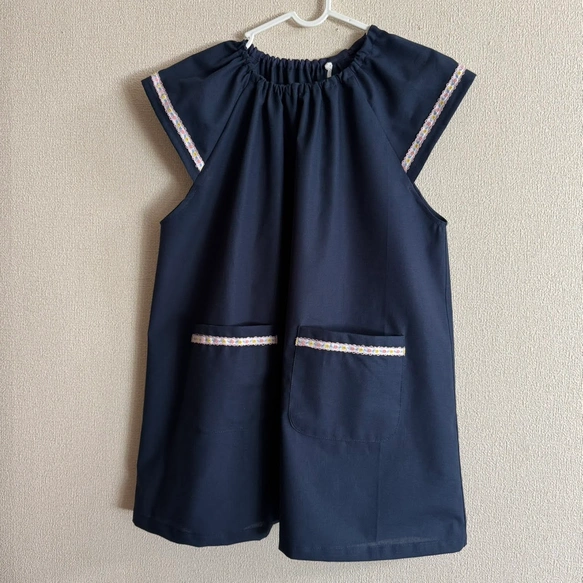 【S〜LL】大人用スモック ⑤ピンク 花柄 リボンライン×ネイビー 半袖 スモック ショート袖